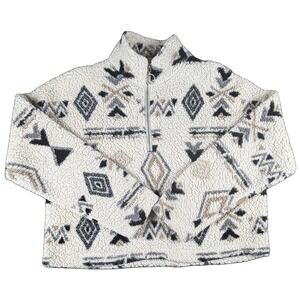 Warm & Cozy Sweater Womens Medium White Fleece Aztec 1/4 Zip Mock Neck Pullover
